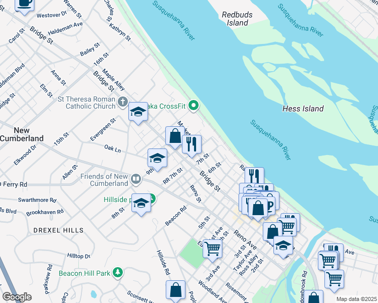 map of restaurants, bars, coffee shops, grocery stores, and more near 200 9th Street in New Cumberland