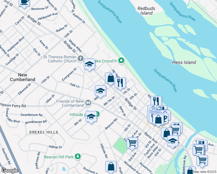 map of restaurants, bars, coffee shops, grocery stores, and more near 905 Bridge Street in New Cumberland