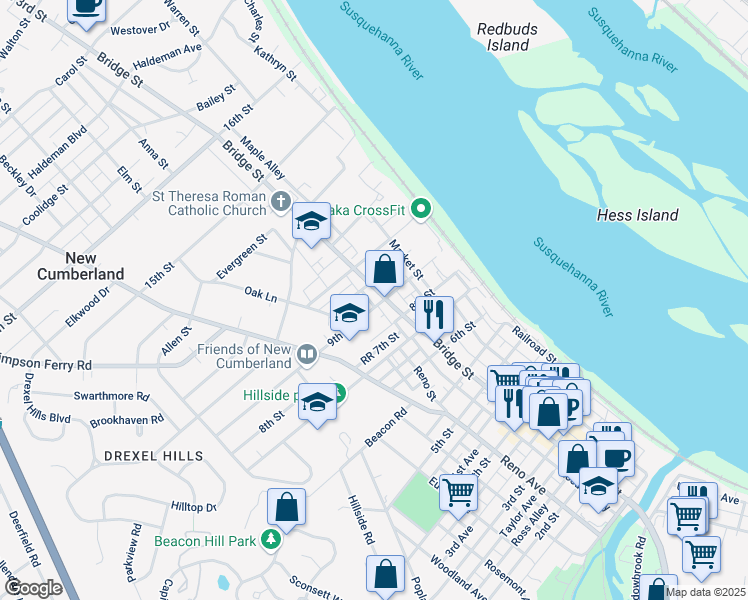 map of restaurants, bars, coffee shops, grocery stores, and more near 905 Bridge Street in New Cumberland
