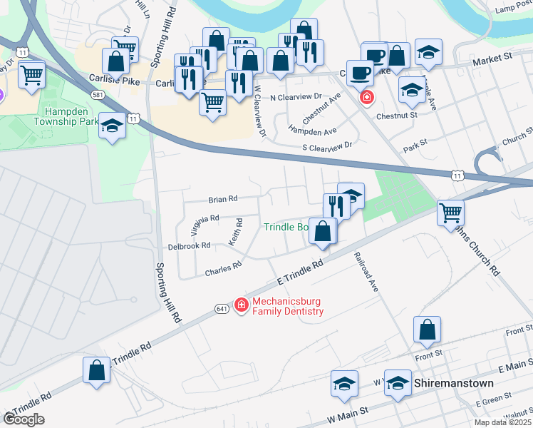 map of restaurants, bars, coffee shops, grocery stores, and more near 417 Boxwood Court in Mechanicsburg