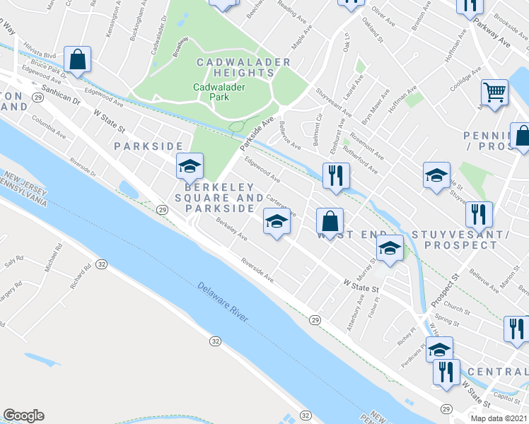 map of restaurants, bars, coffee shops, grocery stores, and more near 844 West State Street in Trenton