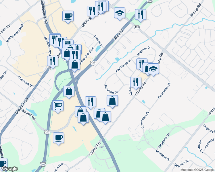 map of restaurants, bars, coffee shops, grocery stores, and more near 162 Jonathan Drive in North Wales