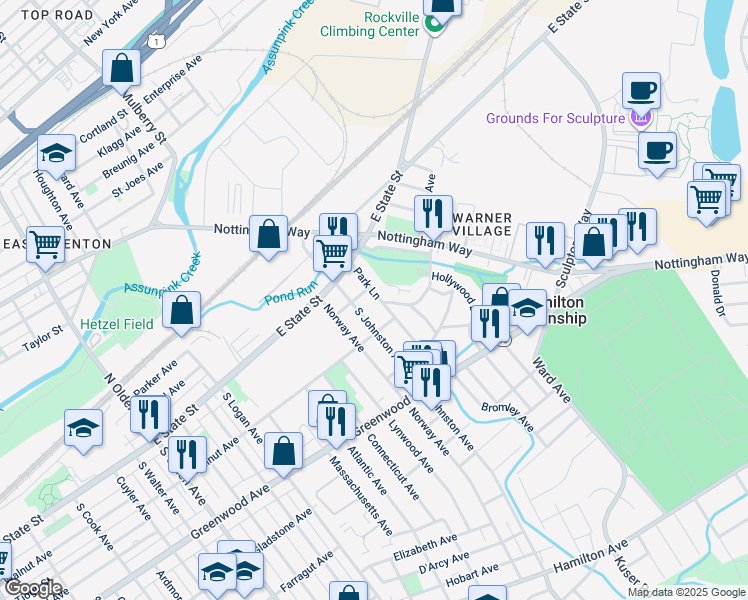 map of restaurants, bars, coffee shops, grocery stores, and more near 111 Park Lane in Hamilton Township
