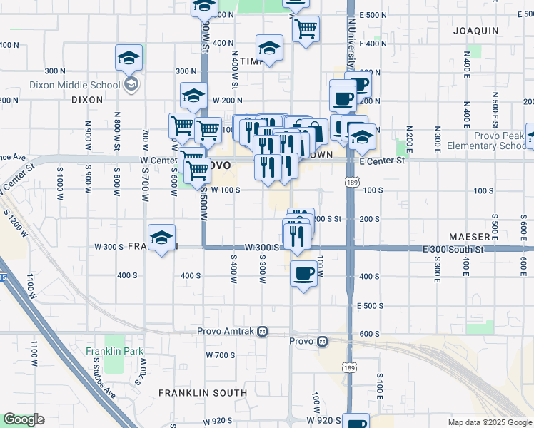 map of restaurants, bars, coffee shops, grocery stores, and more near 191 South 300 West in Provo