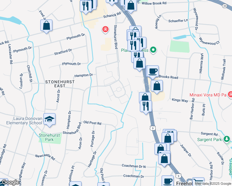 map of restaurants, bars, coffee shops, grocery stores, and more near 43 Manchester Court in Freehold