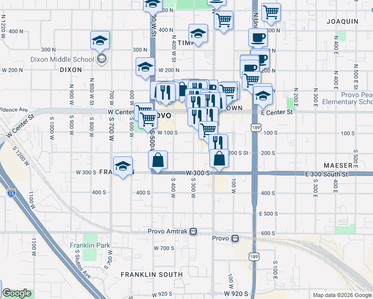 map of restaurants, bars, coffee shops, grocery stores, and more near 330 West 200 South in Provo
