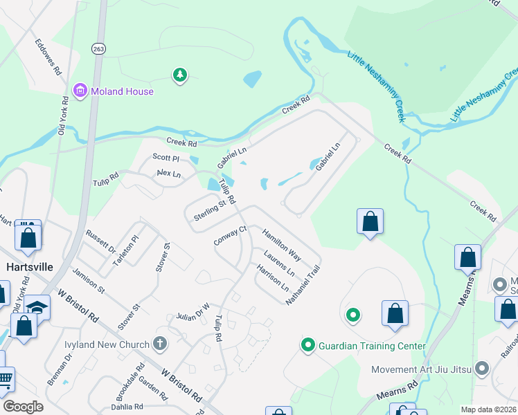 map of restaurants, bars, coffee shops, grocery stores, and more near 947 Nathaniel Trail in Warminster