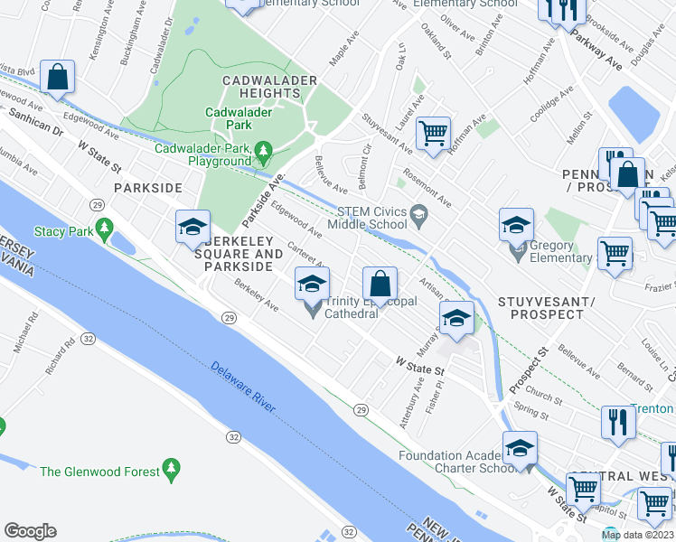 map of restaurants, bars, coffee shops, grocery stores, and more near 812 Carteret Avenue in Trenton