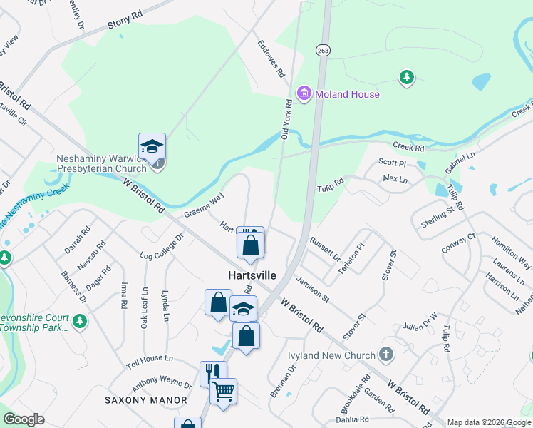 map of restaurants, bars, coffee shops, grocery stores, and more near 1473 Graeme Way in Warminster