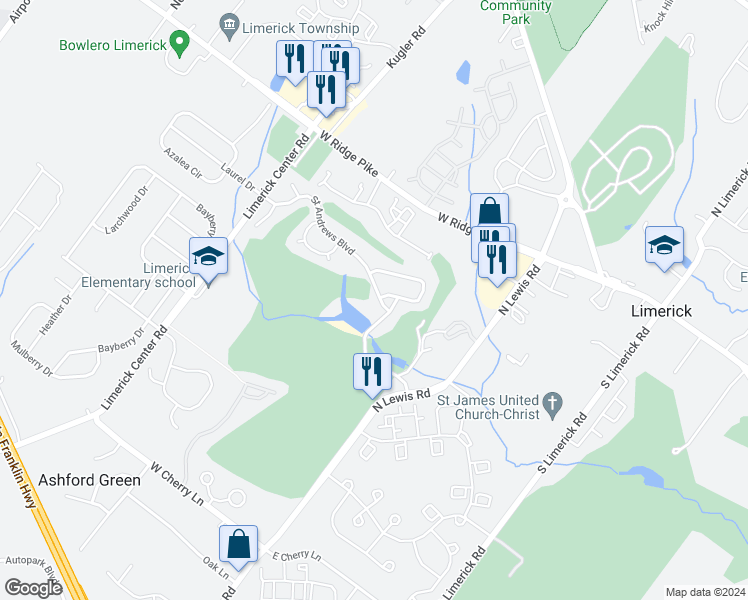 map of restaurants, bars, coffee shops, grocery stores, and more near 97 Saint Andrews Boulevard in Royersford
