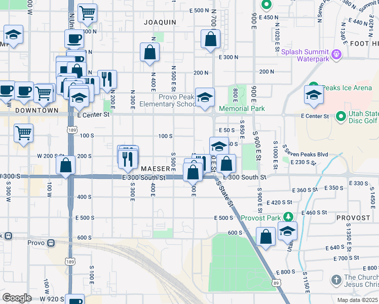 map of restaurants, bars, coffee shops, grocery stores, and more near 175 600 East in Provo