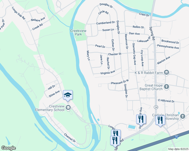 map of restaurants, bars, coffee shops, grocery stores, and more near 186 Virginia Ave in Carlisle