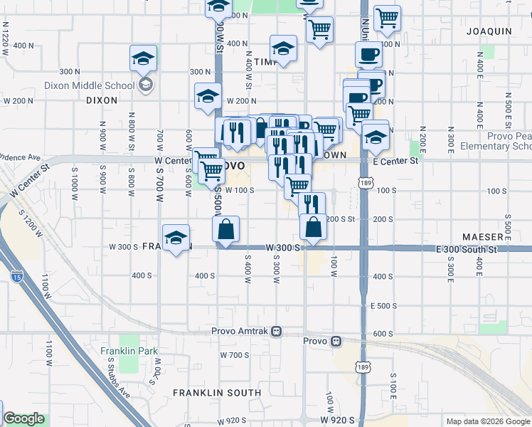 map of restaurants, bars, coffee shops, grocery stores, and more near 330 West 200 South in Provo