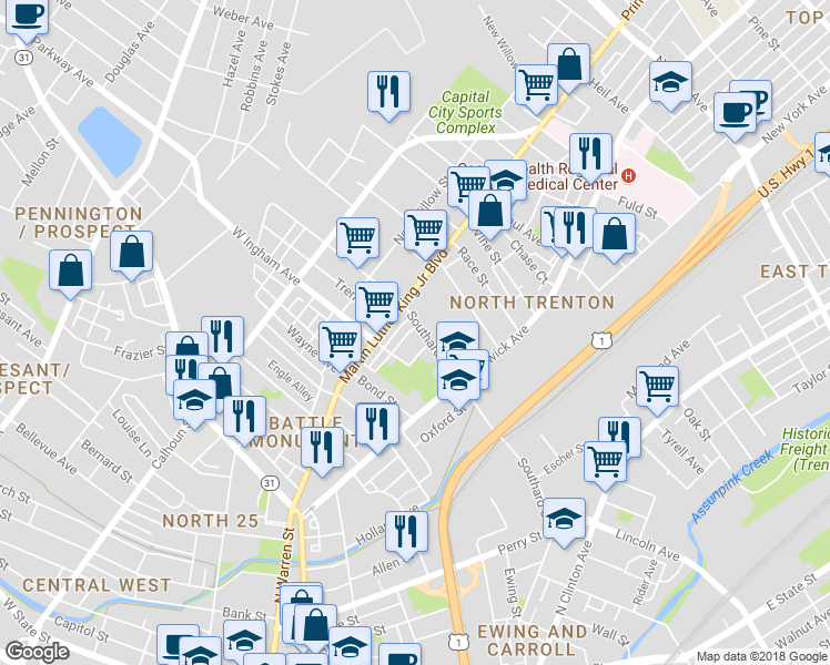 map of restaurants, bars, coffee shops, grocery stores, and more near 719 Southard Street in Trenton