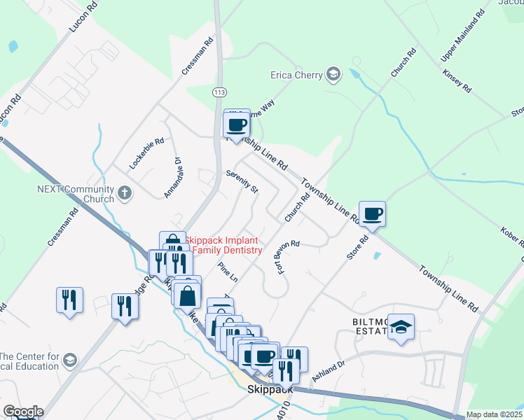 map of restaurants, bars, coffee shops, grocery stores, and more near 4112 Inspiration Street in Schwenksville