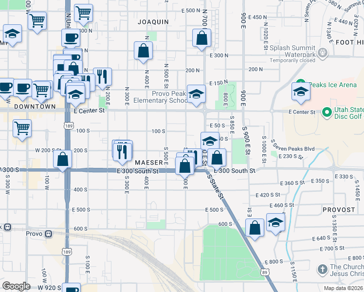 map of restaurants, bars, coffee shops, grocery stores, and more near 175 600 East in Provo
