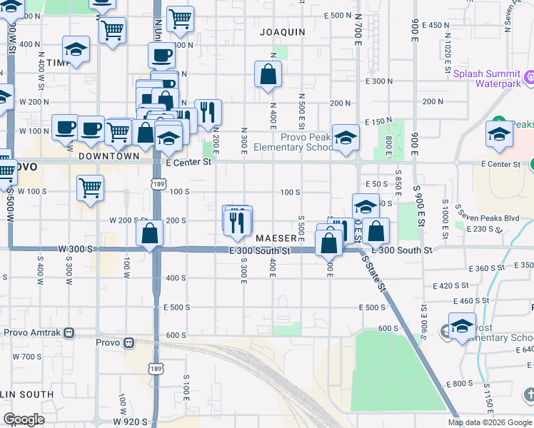 map of restaurants, bars, coffee shops, grocery stores, and more near 373 200 South in Provo