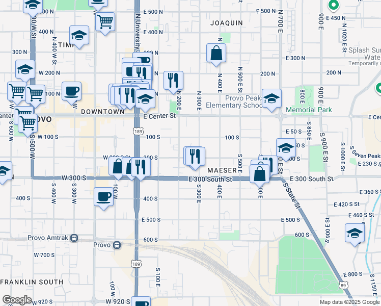 map of restaurants, bars, coffee shops, grocery stores, and more near 160 300 South in Provo