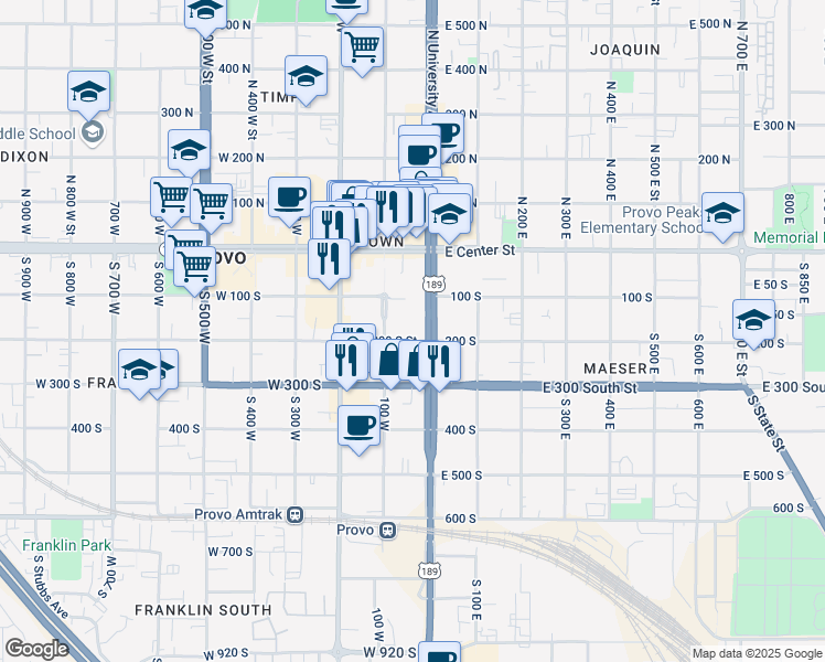 map of restaurants, bars, coffee shops, grocery stores, and more near 95 West 100 South in Provo