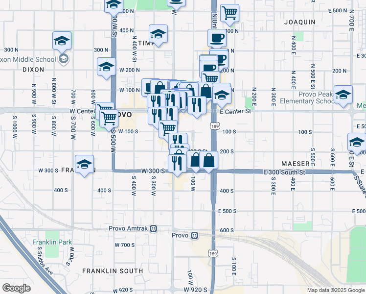 map of restaurants, bars, coffee shops, grocery stores, and more near 160 South 100 West Street in Provo