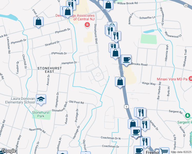 map of restaurants, bars, coffee shops, grocery stores, and more near 120 Stonehurst Boulevard in Freehold