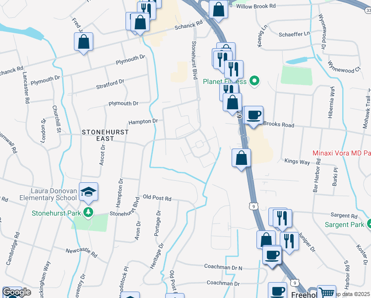map of restaurants, bars, coffee shops, grocery stores, and more near 110 Stonehurst Boulevard in Freehold