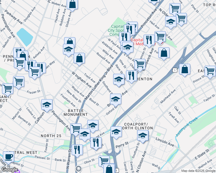 map of restaurants, bars, coffee shops, grocery stores, and more near 719 Southard Street in Trenton