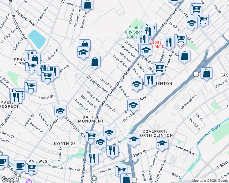 map of restaurants, bars, coffee shops, grocery stores, and more near 687 Martin Luther King Junior Boulevard in Trenton
