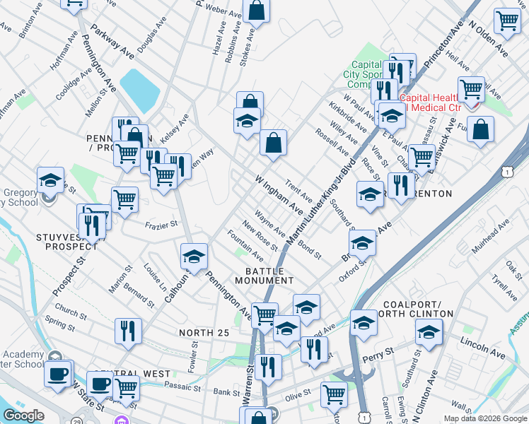 map of restaurants, bars, coffee shops, grocery stores, and more near 38-46 Harris Avenue in Trenton