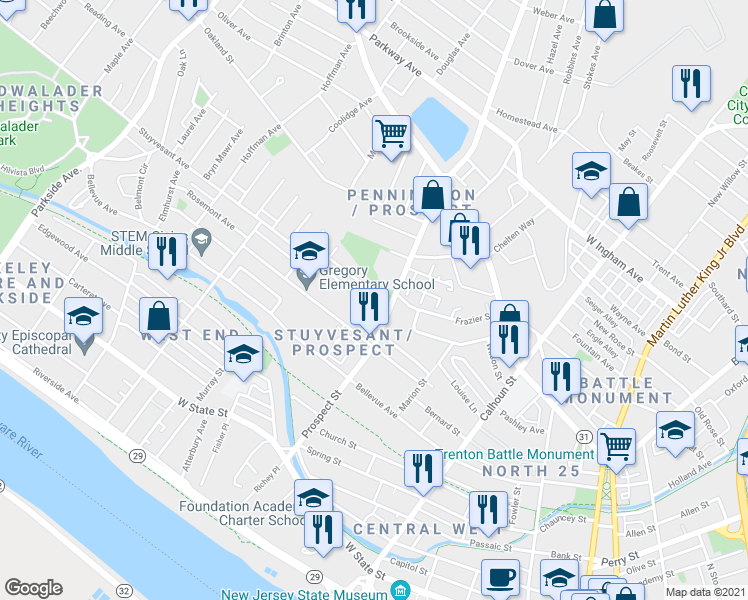 map of restaurants, bars, coffee shops, grocery stores, and more near 424 Stuyvesant Avenue in Trenton