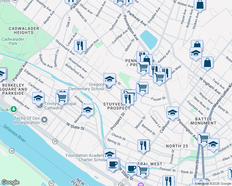 map of restaurants, bars, coffee shops, grocery stores, and more near 468 Rutherford Avenue in Trenton