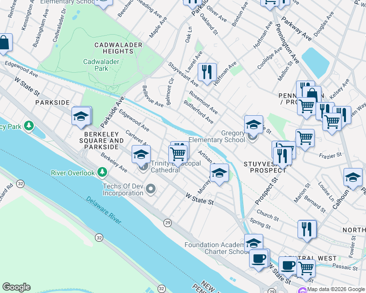 map of restaurants, bars, coffee shops, grocery stores, and more near 730 Edgewood Avenue in Trenton