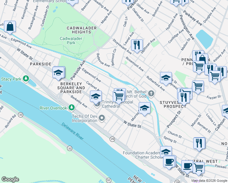 map of restaurants, bars, coffee shops, grocery stores, and more near 730 Edgewood Avenue in Trenton