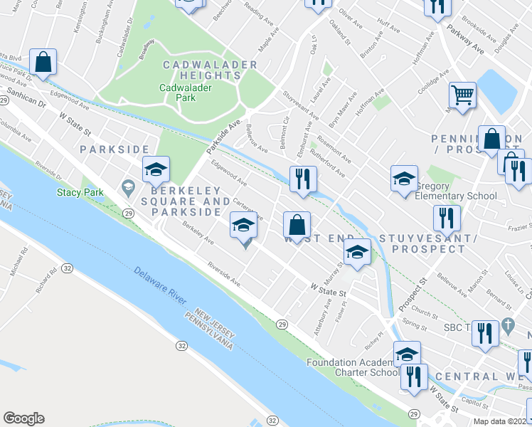 map of restaurants, bars, coffee shops, grocery stores, and more near 114 North Overbrook Avenue in Trenton