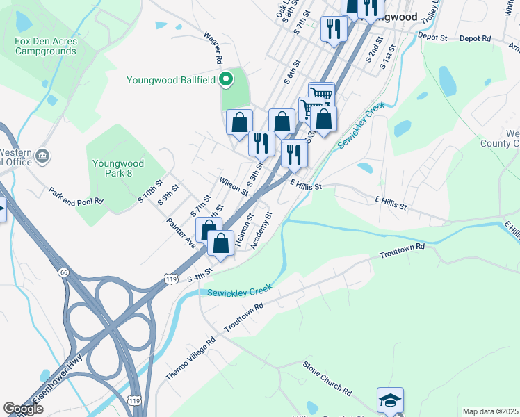 map of restaurants, bars, coffee shops, grocery stores, and more near 510 South 3rd Street in Youngwood