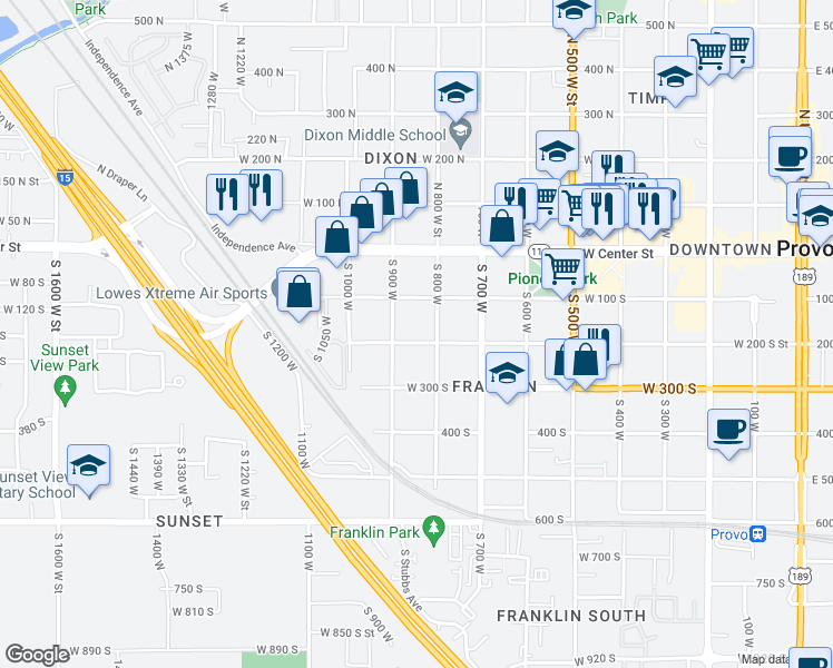 map of restaurants, bars, coffee shops, grocery stores, and more near 850 West 200 South in Provo