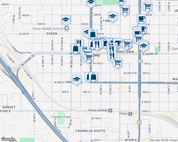 map of restaurants, bars, coffee shops, grocery stores, and more near 110 South 500 West in Provo