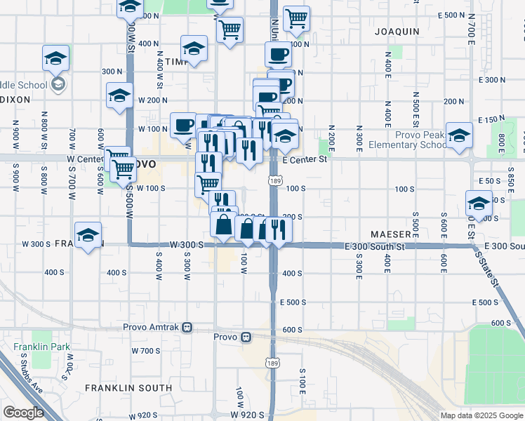 map of restaurants, bars, coffee shops, grocery stores, and more near 192 South University Avenue in Provo
