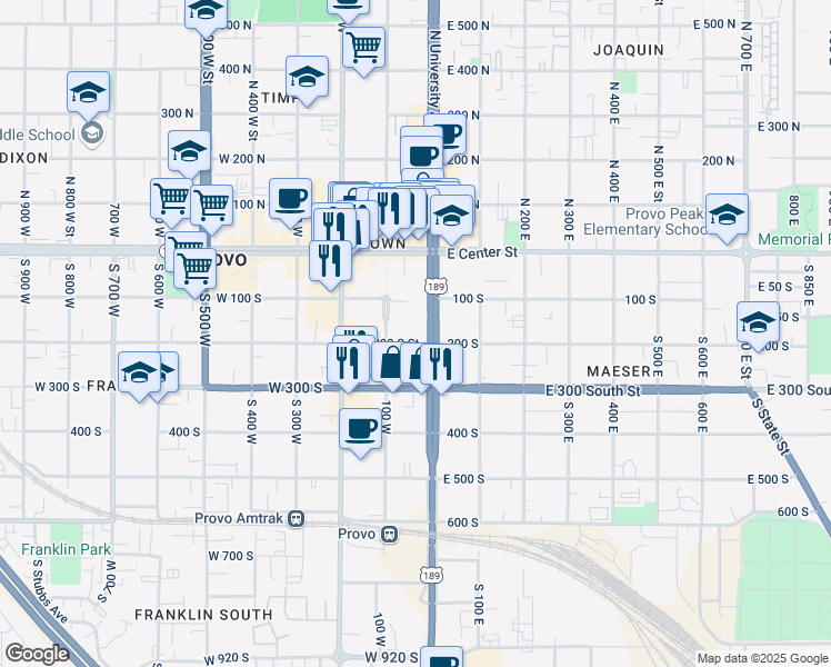 map of restaurants, bars, coffee shops, grocery stores, and more near 192 South University Avenue in Provo