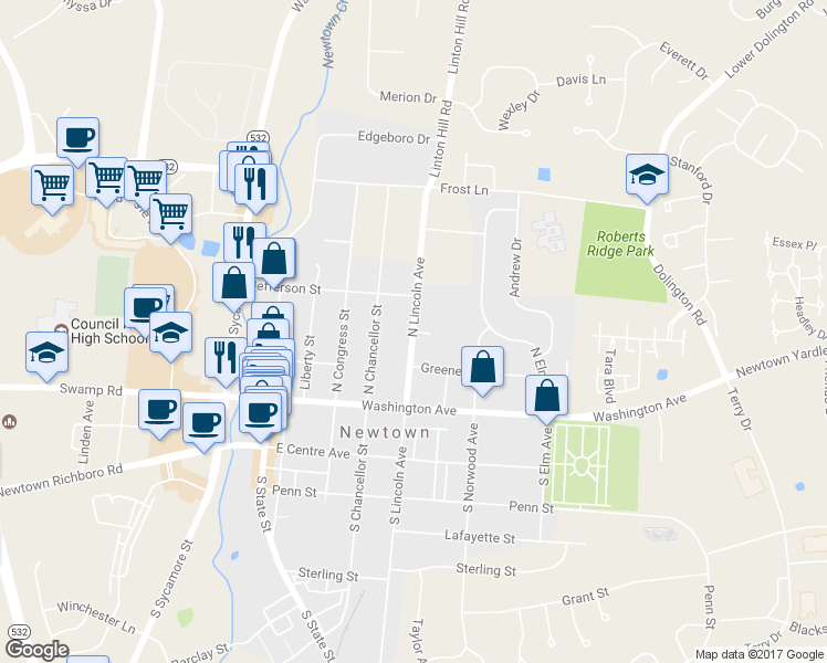 map of restaurants, bars, coffee shops, grocery stores, and more near 3 Brynwood Lane in Newtown