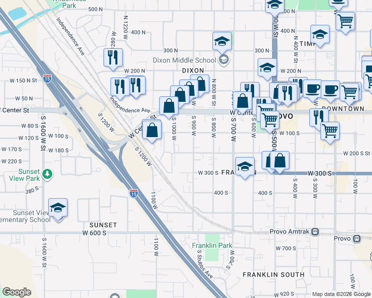 map of restaurants, bars, coffee shops, grocery stores, and more near 950 West 200 South in Provo