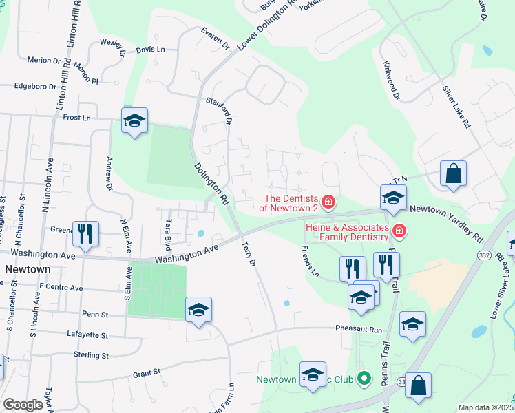map of restaurants, bars, coffee shops, grocery stores, and more near 133 Windham Court in Newtown