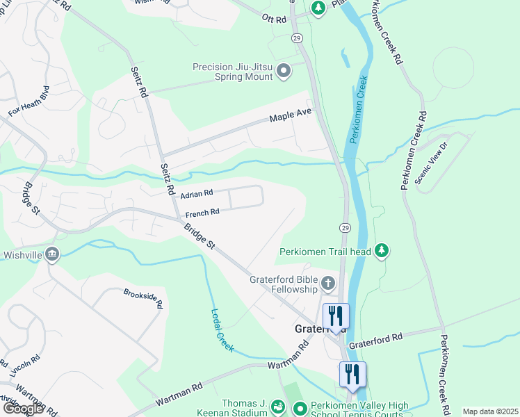 map of restaurants, bars, coffee shops, grocery stores, and more near 175 French Road in Collegeville