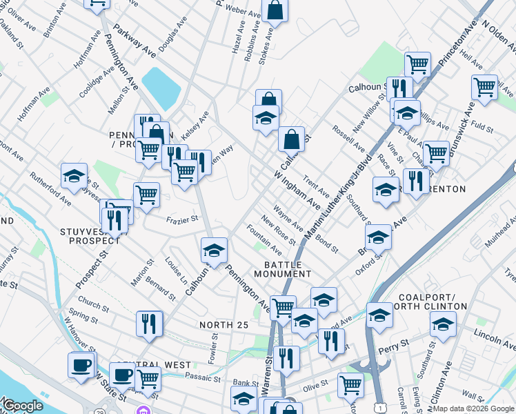 map of restaurants, bars, coffee shops, grocery stores, and more near 746 Rev S Howard Woodson Junior Way in Trenton