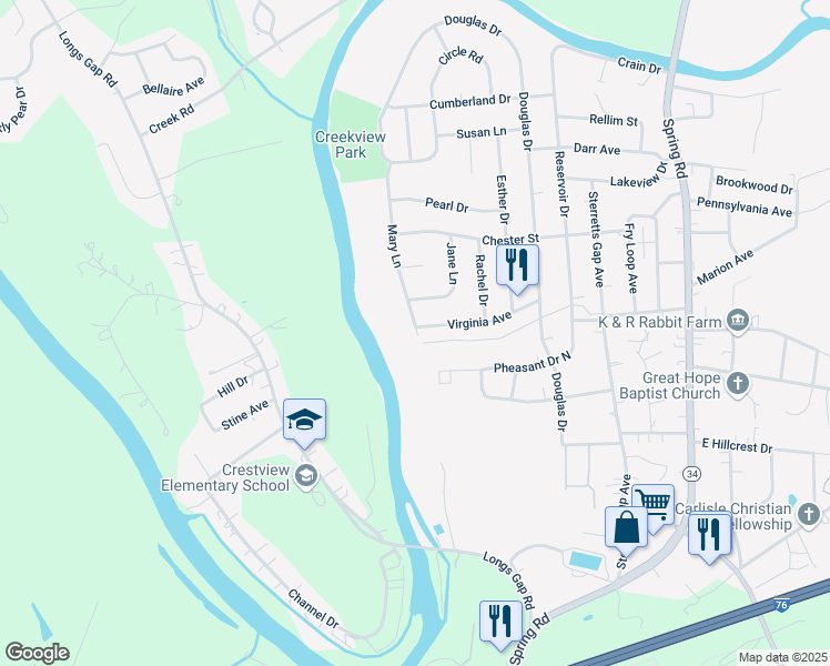 map of restaurants, bars, coffee shops, grocery stores, and more near 186 Virginia Avenue in Carlisle