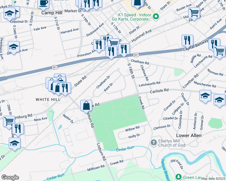 map of restaurants, bars, coffee shops, grocery stores, and more near 1910 Letchworth Drive in Camp Hill