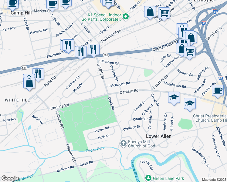 map of restaurants, bars, coffee shops, grocery stores, and more near 1708 Carlisle Road in Camp Hill