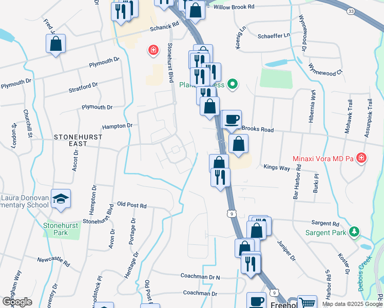 map of restaurants, bars, coffee shops, grocery stores, and more near 28 Manchester Court in Freehold Township