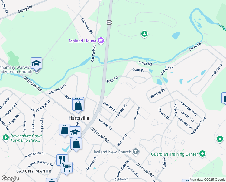 map of restaurants, bars, coffee shops, grocery stores, and more near 1023 Beechwood Place in Warminster