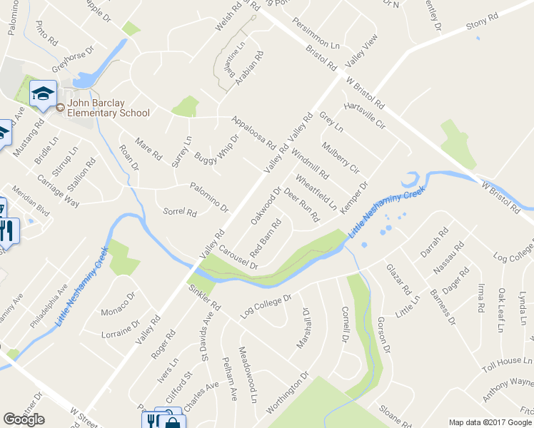 map of restaurants, bars, coffee shops, grocery stores, and more near 1043 Oakwood Drive in Warminster